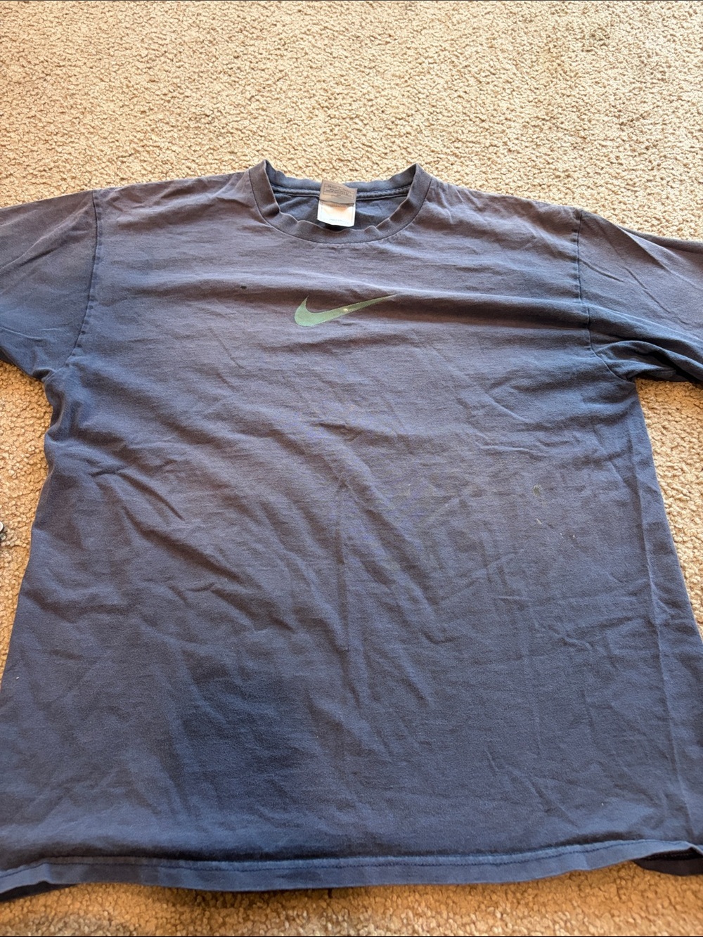 B71 Y2K Nike Navy Short Sleeve Tee with Green Swoosh, sun fading